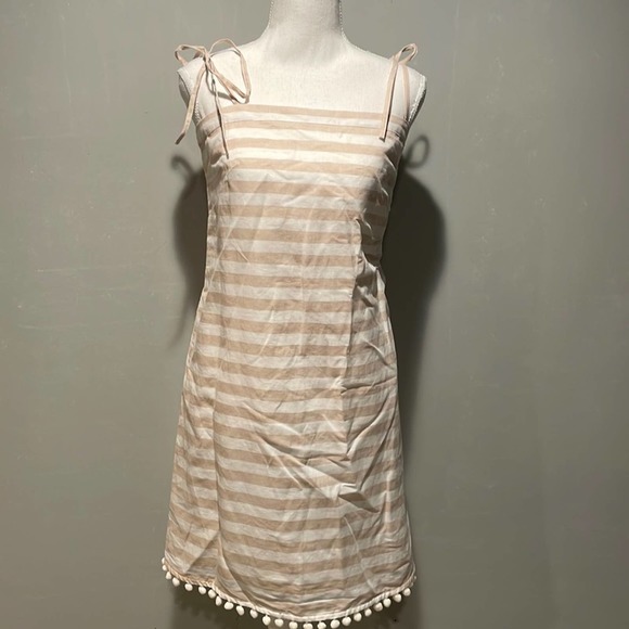 NWOT J Crew Linen Blend Stripe Dress Pom Pom Trim Women’s Size Medium 8-10 Cream - Picture 1 of 3